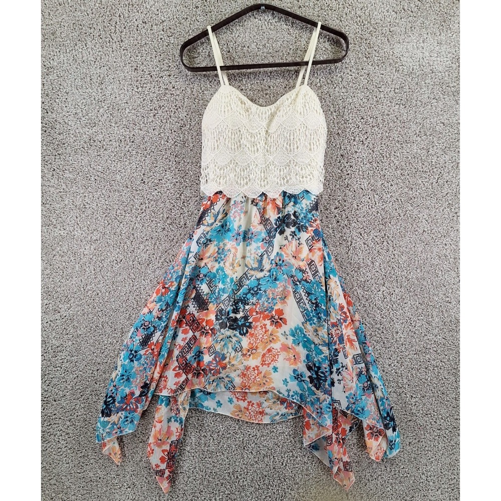 Almost Famous Dress Womens Large Floral Crochet Lace Handkerchief Hem Boho Style